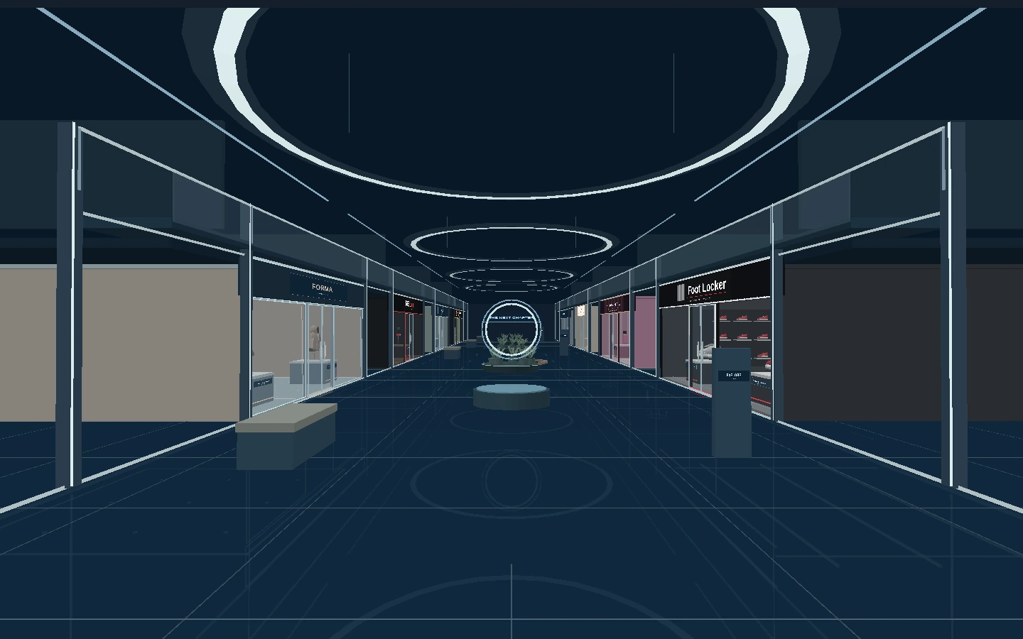 Illuminated VIRTUAL-MALL entrance with glass storefronts and a central promenade